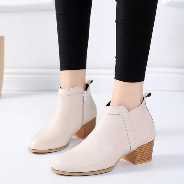 

boots women shoes spring autumn faux leather mid heels ankle for ladies fashion platform vintage plus size botas, Black