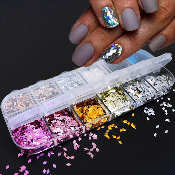 

nail art decorations 12 grids holographic diamond rhombus sequins for design glitter flakes gel polish manicure decoration accessories, Silver;gold