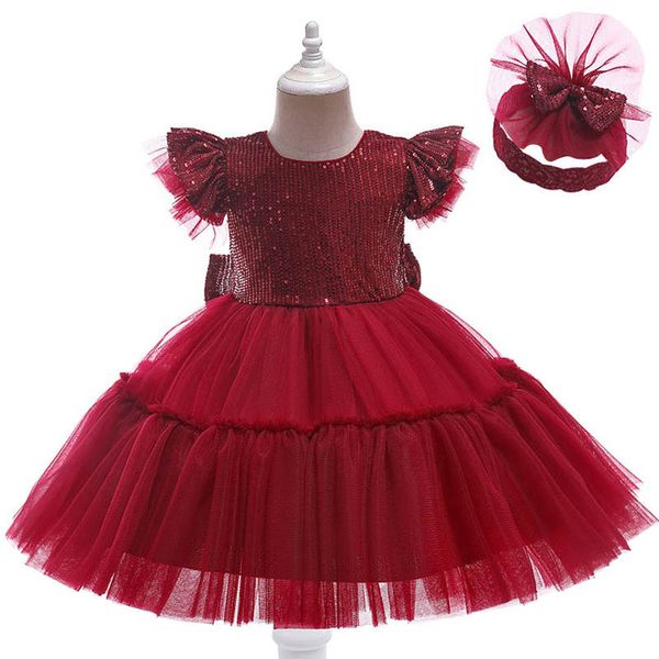 

christmas girls dresses children dress princess birthday baby kids clothes party evening gown wedding sequin lace bows headbands b9025, Red;yellow