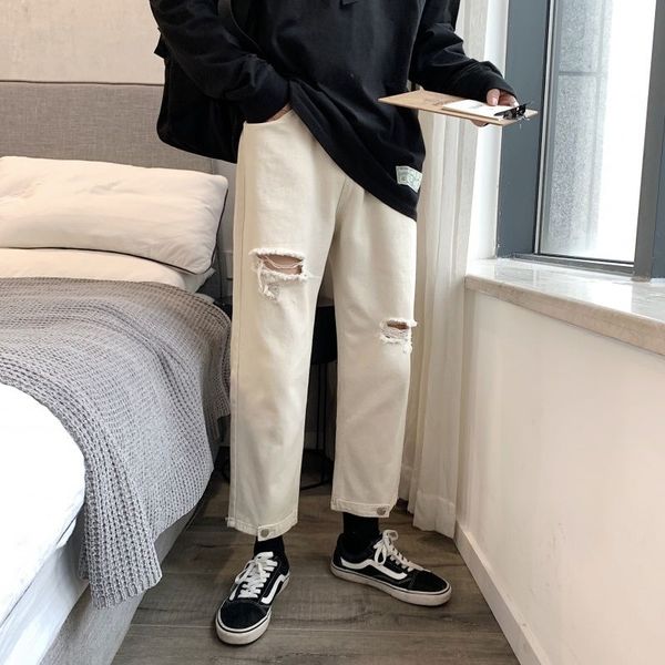 

2021 new cotton ripped men's fashion casual wide-leg jeans men streetwear korean loose hip-hop hole straight denim trousers mens c3gr, Blue