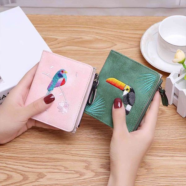 

fashion bird embroidered wallet 2 folding purse for women girls small hasp slim coin pocket female designer wallets, Red;black