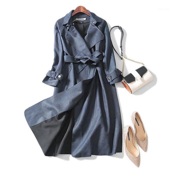 

women's trench coats 2021 autumn long suede women coat cardigan belt windbreaker overcoat female sleeve outerwear1, Tan;black