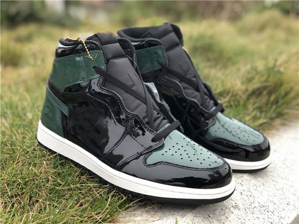 

genuine jumpman 1 high men's basketball shoes green patent leather men's sports shoelaces shoebox full size 40--46