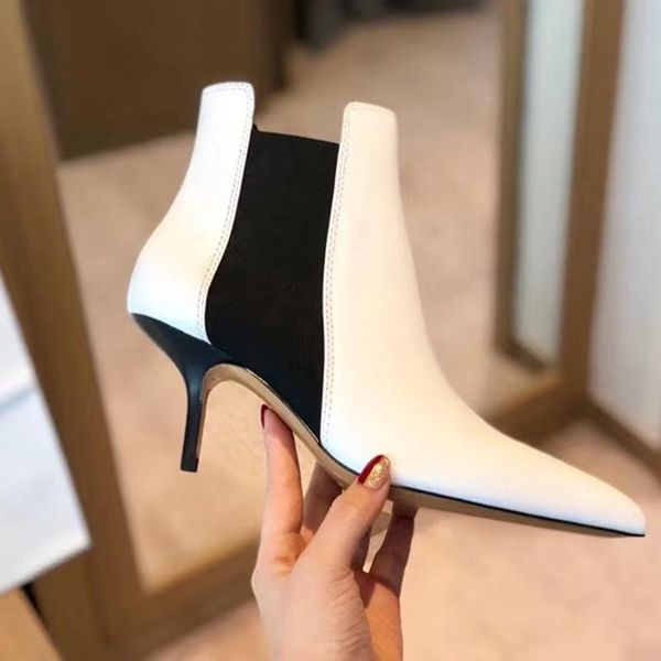 

boots 2021 women genuine leather stitching stretch cloth high-heeled ankle pointed toe caps design women's .5, Black