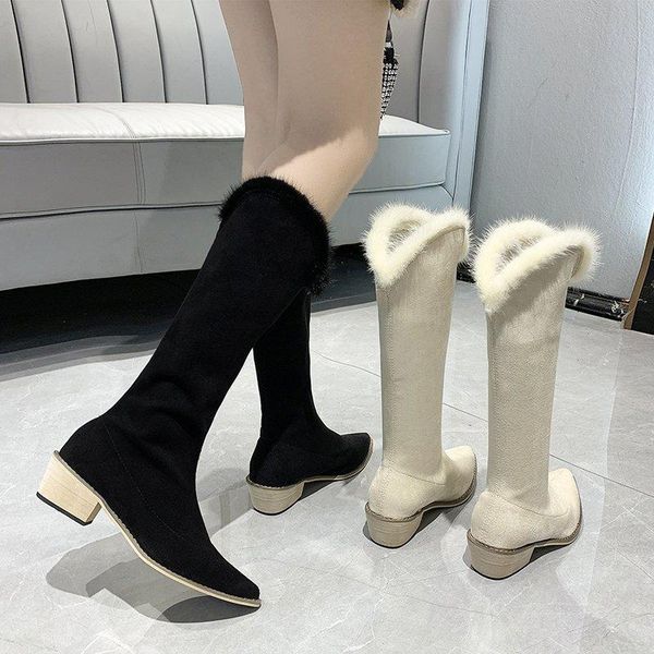 

boots pointed high women autumn and winter fashion korean style thick heel sleeve mink hair casual, Black