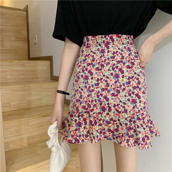 

summer female beach boho mini skirt female 2021 womens casual floral printed ruffles hem high-waist skirt skirts for women, Black