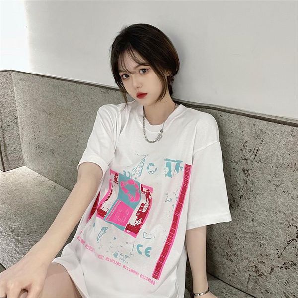 

women's t-shirt summer letter personality printing short-sleeved printed female harajuku style loose all-match, White