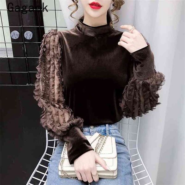 

woman tshirts spring autumn vintage ruffles patchwork turtleneck tee slim korean fashion chic wild pullovers 210531, White