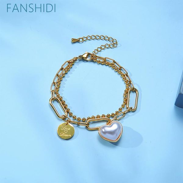 

link, chain fanshidi stainless steel double layer sweet love pearls bracelet for women female ins temperament jewelry, Black