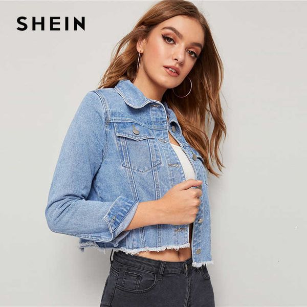 

shein blue frayed edge flap pocket spring denim jacket coat women autumn streetwear single breasted ladies casual jackets 201020, Black;brown