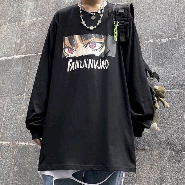 

long-sleeve shirt size big couple t-shirt korean women loose in cartoon compassionate print youth anime clothes kc4d, White