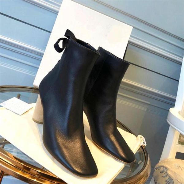 

boots vintage square toe ankle women's ivory black genuine leather back bowtie shoes wooden effects round high heel short