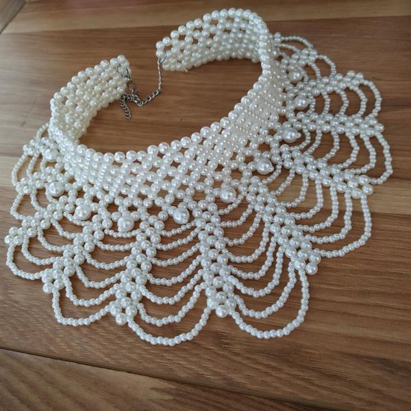 

wide layered weaving pearl scart collar necklace choker women white black simulated pearl hollow out bride necklace ties jewelry, Golden;silver
