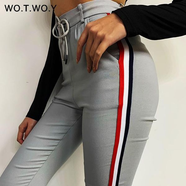 

women's pants & capris wotwoy casual side striped skinny sweatpants women knitted high-waist pencil drawstring pockets joggers femme 20, Black;white