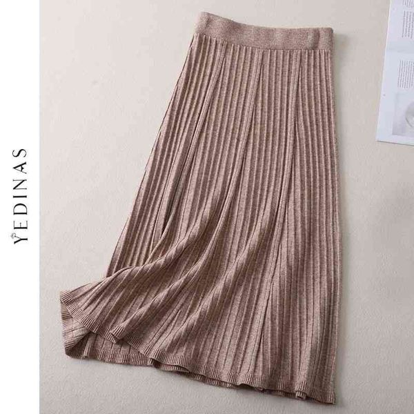 

yedinas winter skirt elastic waist elegant long knitted high pleated for office ladies knee length 210527, Black