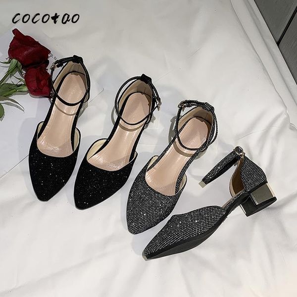 

dress shoes lady style single women 2021 summer baotou word buckle thick heel sandals female fairy pointed evening, Black
