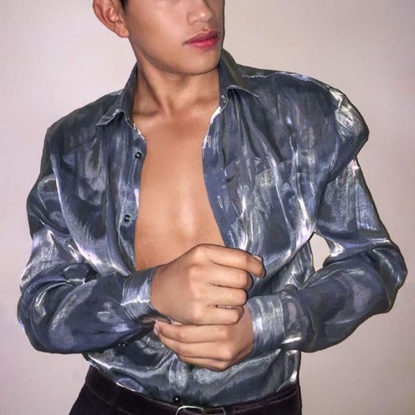 

men's casual shirts incerun men fashion solid color long sleeve turn down collar blouse man button camisa shiny dress shirt s-5xl, White;black