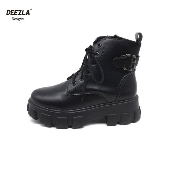 

boots 2021 winter ankle women platform lace up motorcycle ladies round toe leather side zipper female shoes, Black