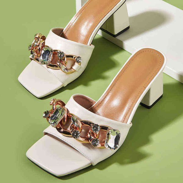 

slippers big rhinestone chain summer white women square toe high heels ladies sandals slip on female party dress slides shoes 220304, Black