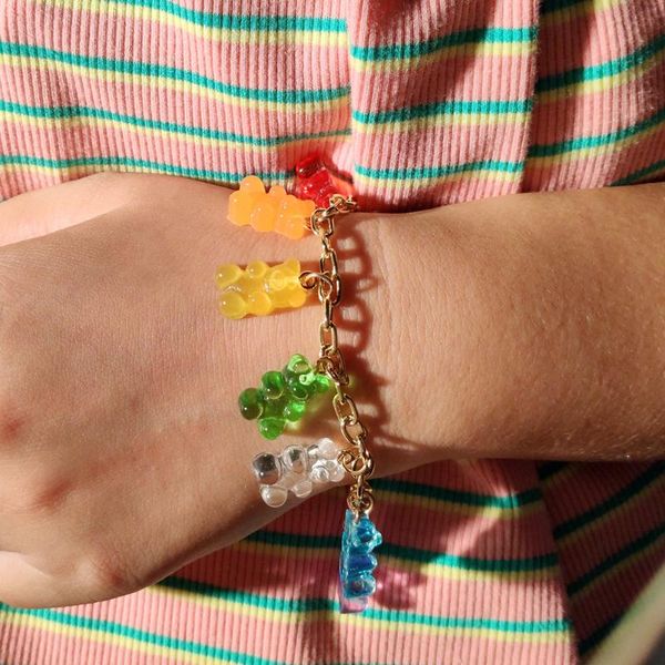 

link, chain trendy cute cartoon gummy bear metal bracelet for women hip hop punk rainbow color beach boho jewelry, Black