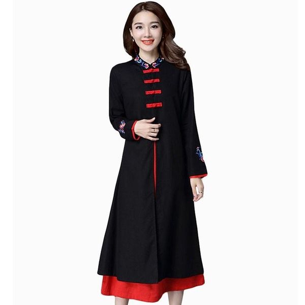 

casual dresses 2021 women's autumn dress female loose embroidery long sleeves retro stand collar false two pieces cotton linen p022, Black;gray