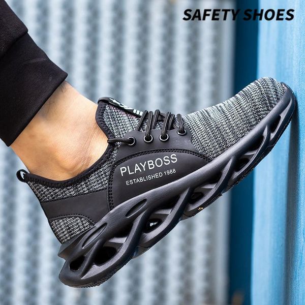 

boots light and breathable flying fabric anti smash puncture slip safety shoes construction site work labor protection, Black