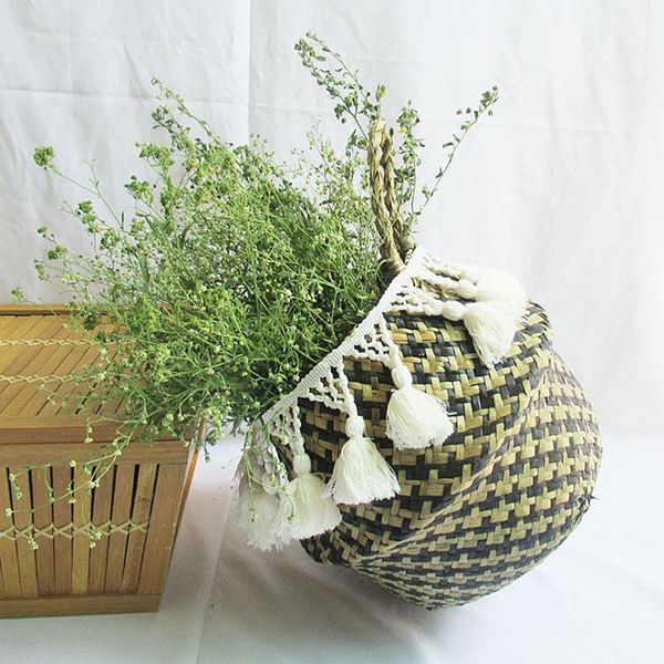 

mini handmade bamboo storage baskets laundry straw patchwork wicker rattan seagrass belly flower pot planter foldable baskets