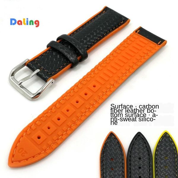 

watch bands carbon fiber veneer silicone sweat-proof strap for 18mm 20mm 22mm leather metal button the first, Black;brown