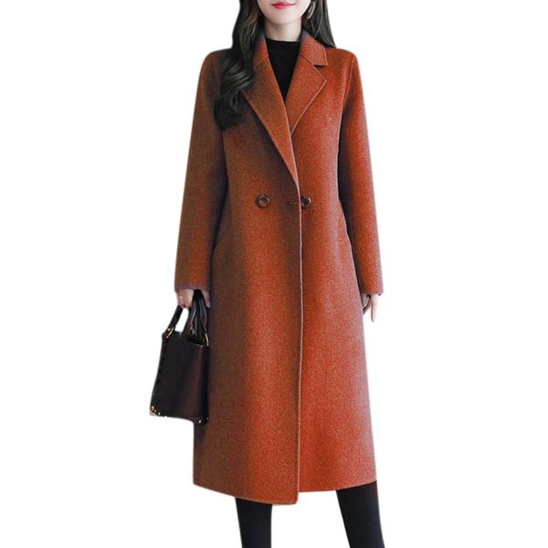 

women's wool & blends solid winter coat women slim pocket button elegant clothing casual long sleeve v neck woolend female, Black