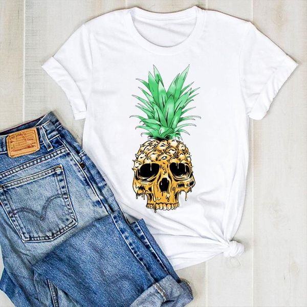 

pineapple cartoon skull fruit beach women t shirts print summer tee clothes graphic, White
