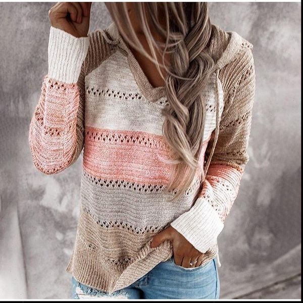 

autumn knitted hooded striped sweaters women hollow out patchwork long sleeve pullovers female 2021 spring fashion lady sweater, White;black