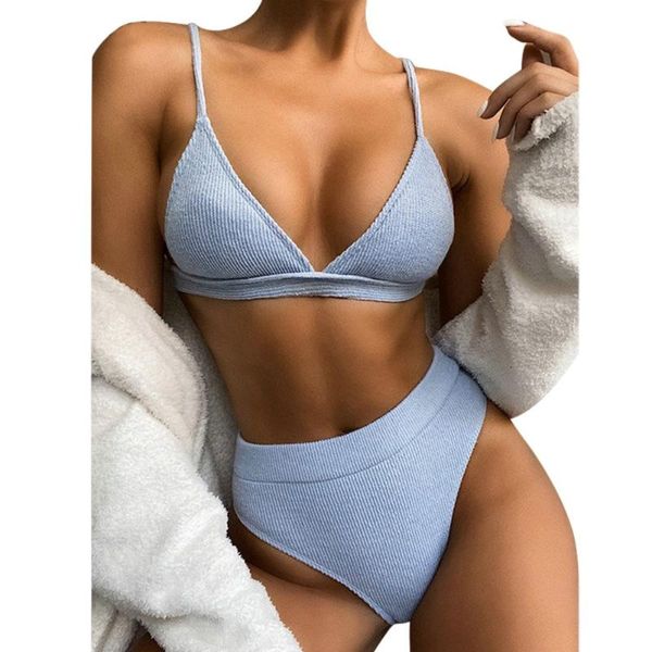 

one-piece suits s-l special fabric female swimsuit high waist bikini women solid swimwear two-pieces set ribbed bather bathing suit