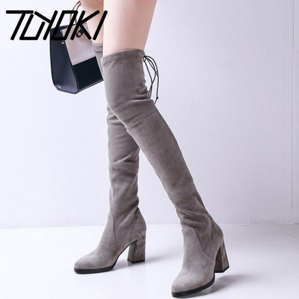 

boots tuyoki women thigh high lace up casual stretch shoes winter keep warm square heels comfort footwear size 33-40, Black