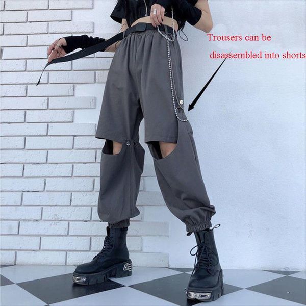 

cargo high waist loose women pants removable two ways to wear female belted casual streetwear trousers, Black;white