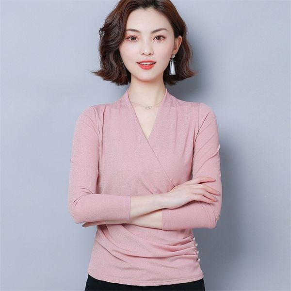 

new long sleeve women t shirt casual v-neck slim autumn winter women tees ladies clothes 210317, White