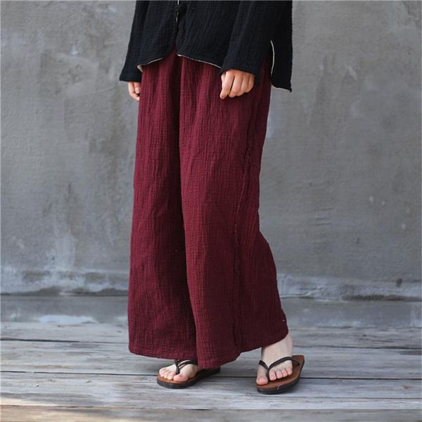 

plus size pants bottoms l-7xl autunm women long loose casual wide leg cotton linen soft trouser white wine 12 color, Black