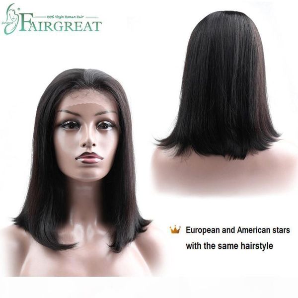 

fairgreat hair human hair wigs with lace front brazilian straight human hair wigs for black women short bob pre plucked bleached knots, Black;brown