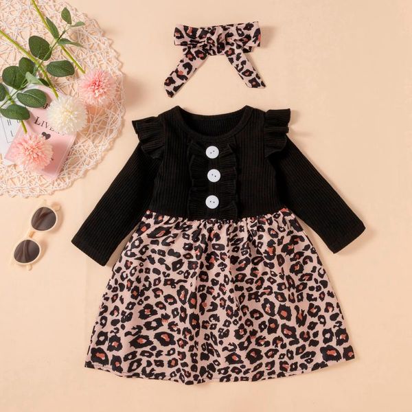 

girl's dresses infant kids baby girl patchwork dress toddler long sleeve o neck decorative button ribbed ruffle princess with headband, Red;yellow