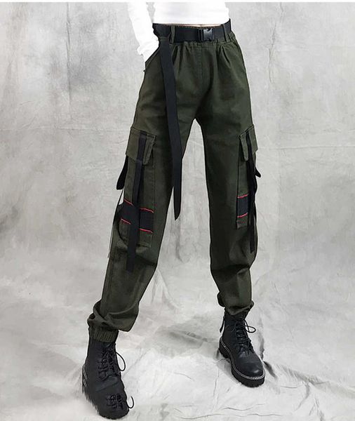 

spring belt cargo pants female high waist autumn loose streetwear harajuku women pockets patchwork 210531, Black;white
