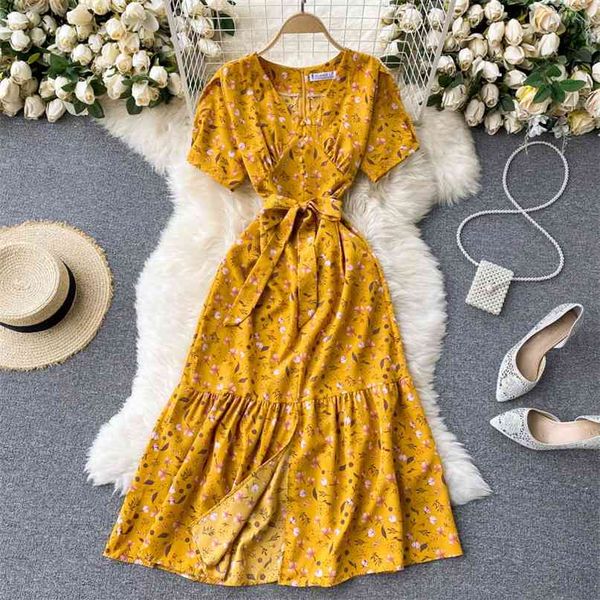 

women fashion spring summer v-neck buckle lace up waist slim floral print a-line dress clothes vestido de mujer r600 210527, Black;gray
