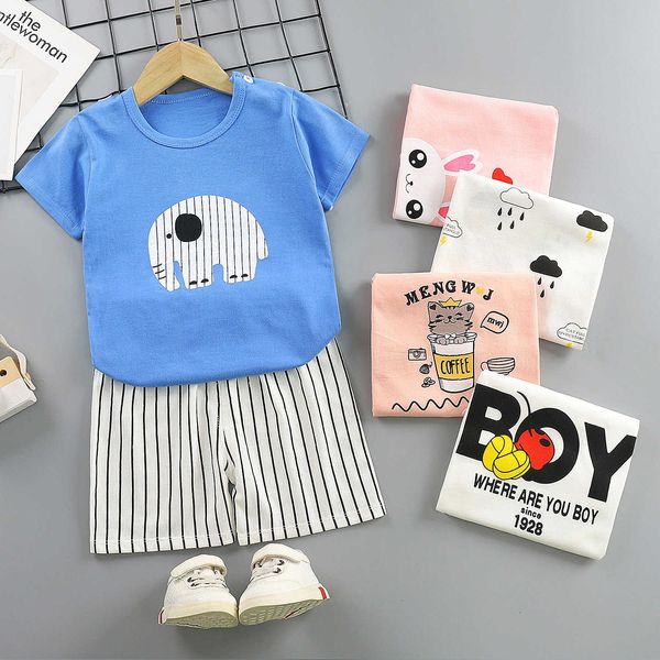 

infant new children's summer boys and girls t-shirt baby short sleeve shorts two piece set of pure cotton, Black;white