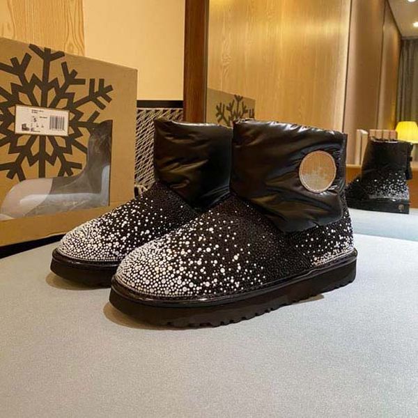 

designer winter boots shining crystal comfort booties print lace up down snow boot fashion casual shoes martin with box, Black