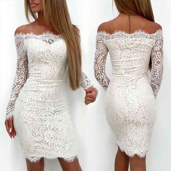 

white lace elegant womens dresses off shoulder summer long sleeve party pencil vestidos, Black;gray