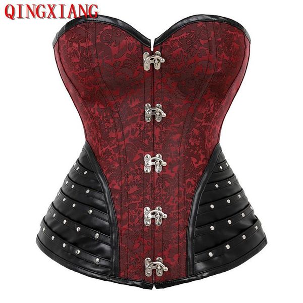 

women's shapers s-2xl rivet pvc lace women black faux leather lacing back steampunk corset gothic firm front button bustier, Black;white