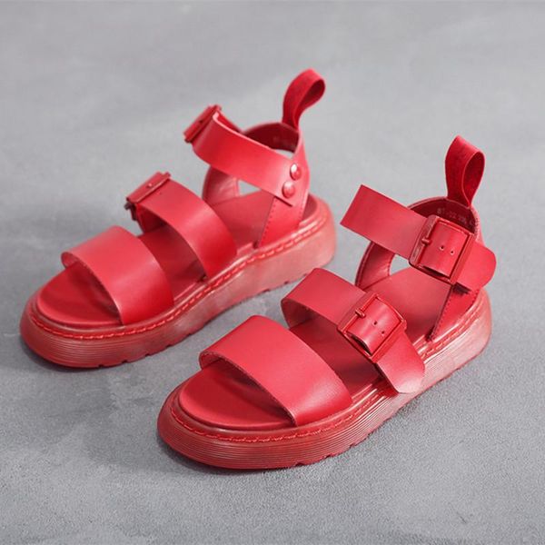 

sandals women 2021 red leather flat shoes buckle thick bottom roman, Black