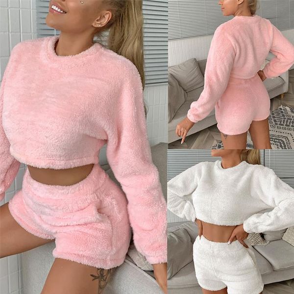 

pajama sets fall winter women tracksuits plush fleece sleepwear long sleeve pullovers t shirt crop high waist shorts, Gray