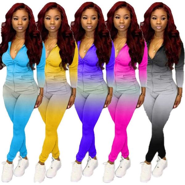

tik tok women's gradient color zipper jacket hooded coat and pants leggings two piece outfits long sleeve tracksuit fashion sports clot, White