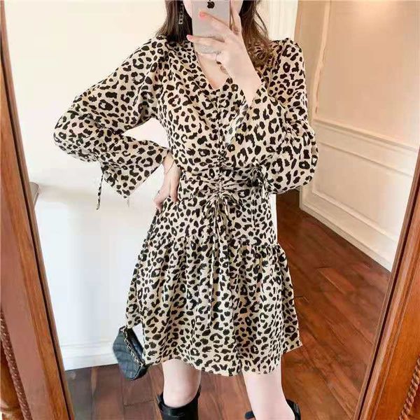 

casual dresses leopard dress 2021 women's drawstring waist dress loose long sleeve deep v-neck a-line party vestidos de fiest, Black;gray