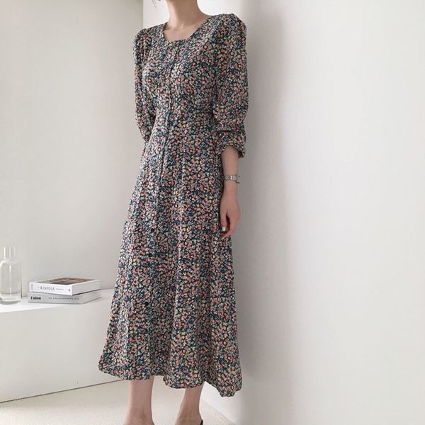 

2021 new women florals print chic feminine vintage elegant sweet single-breasted high street casual es 87ox, Black;gray