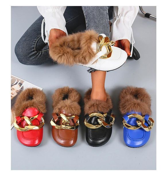 

slippers fur metal slides mules girl shoes toe women furry fluffy, Black